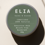 Conscious Deodorant bicarb-free sensitive skin natural deodorant in green tin by ELIA balms & blends