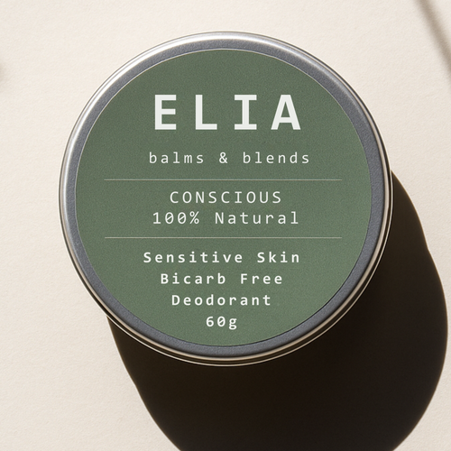 Conscious Deodorant bicarb-free sensitive skin natural deodorant in green tin by ELIA balms & blends